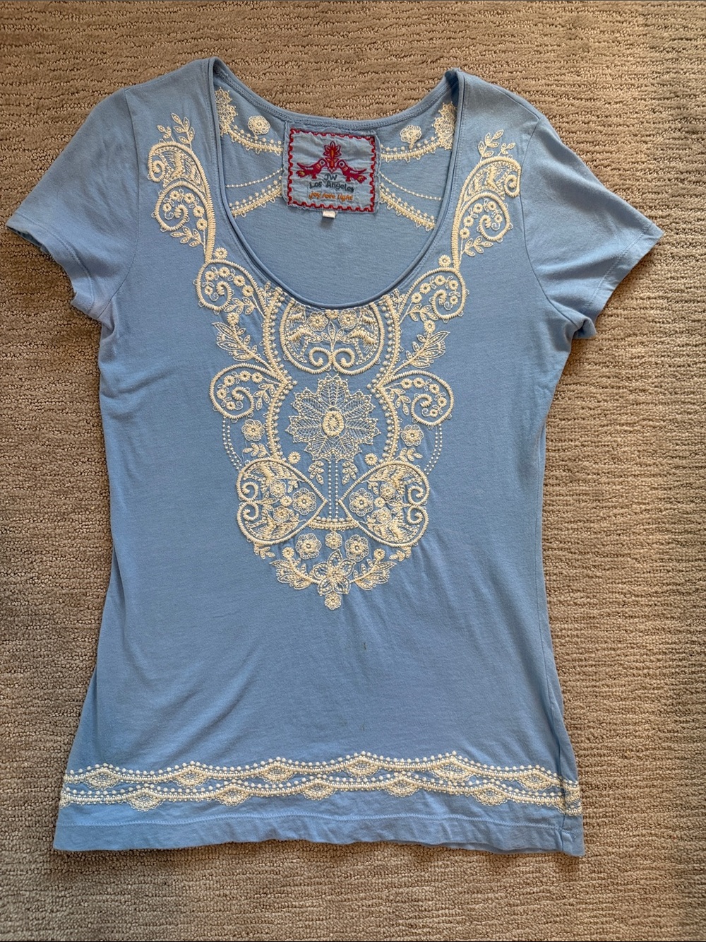 Women's Light Blue Scoop Neck Tee with Cream Embroidery
